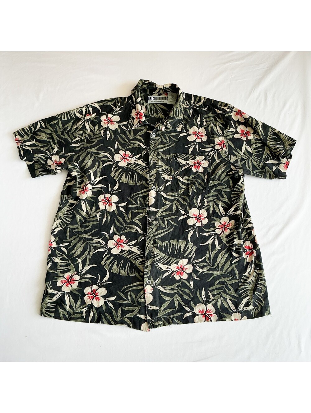 Untied Black Floral Pink Hibiscus 100% Silk Hawaiian Aloha Tiki Shirt XL